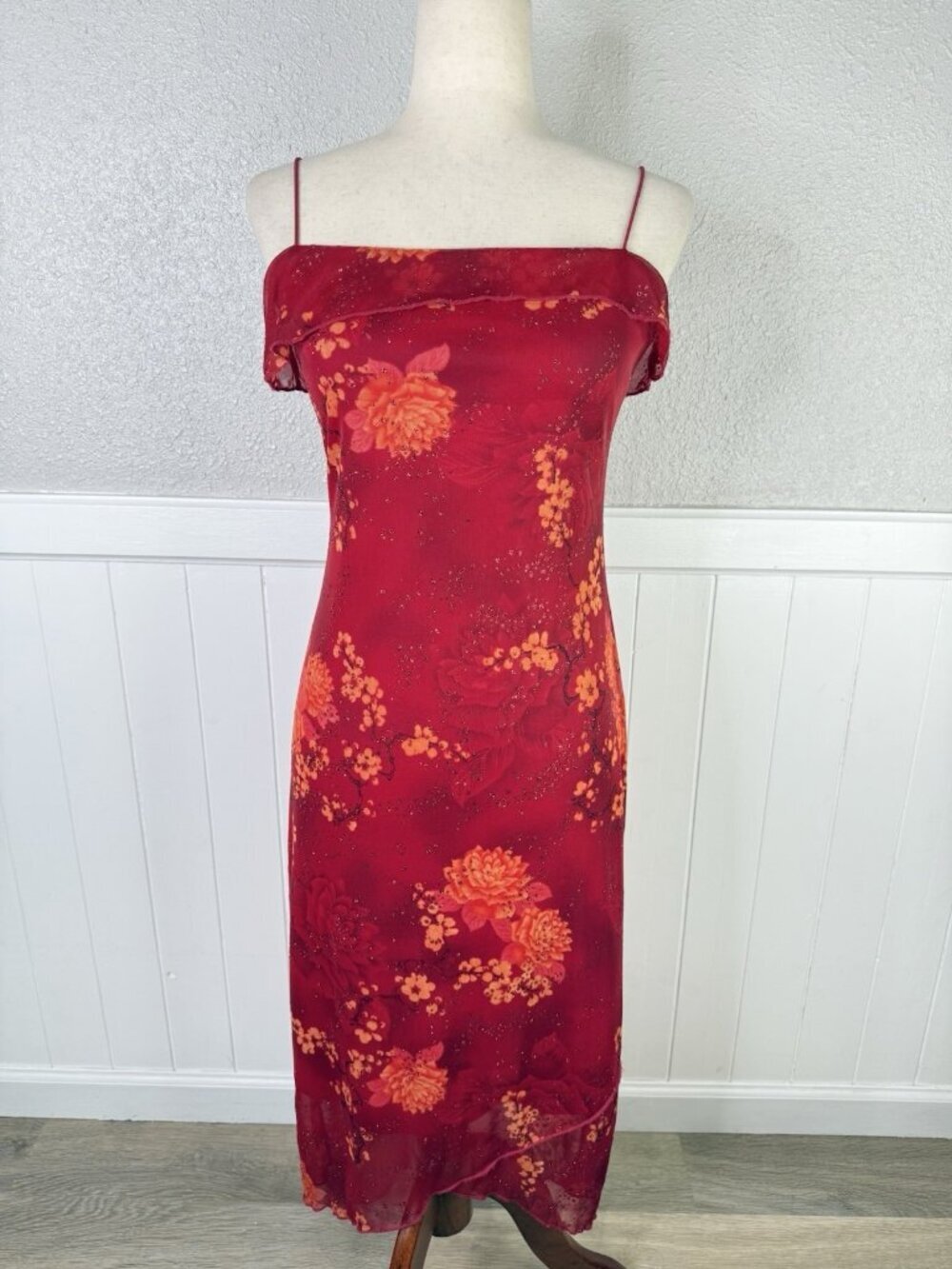 Vtg Byer Too 90s Fire Fairy Dress Floral Y2K Fitz Sz S Whimsigoth Sparkle Red